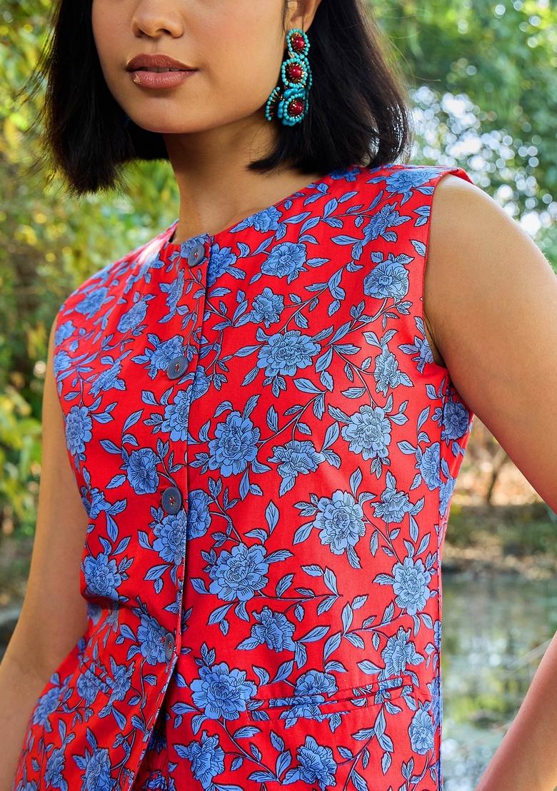 Red Embroidered Cotton Co Ord Set