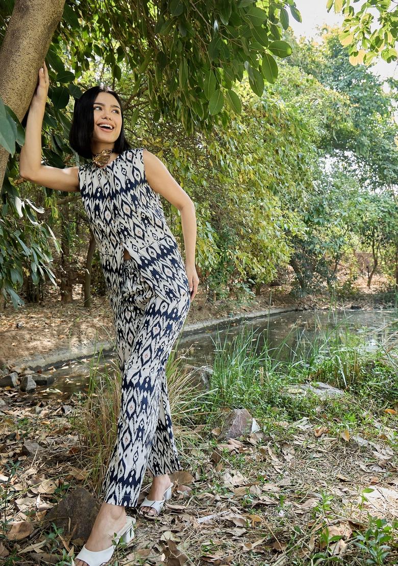 Navy Blue Embroidered Cotton Co Ord Set