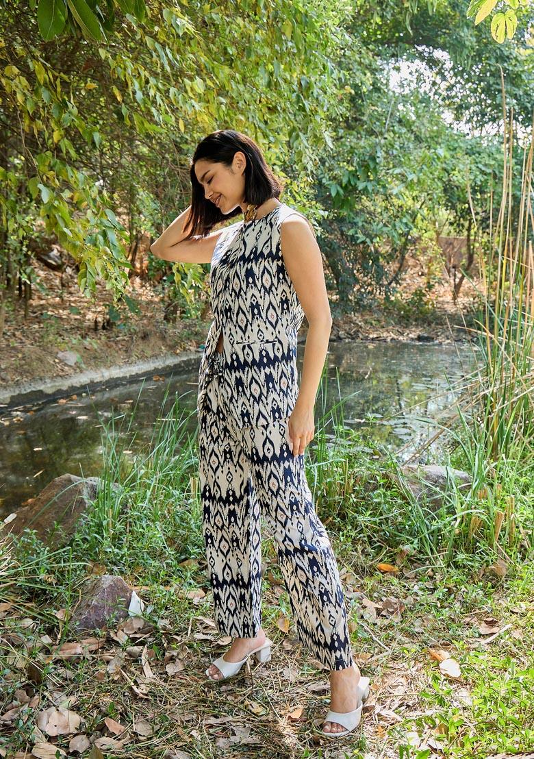 Navy Blue Embroidered Cotton Co Ord Set