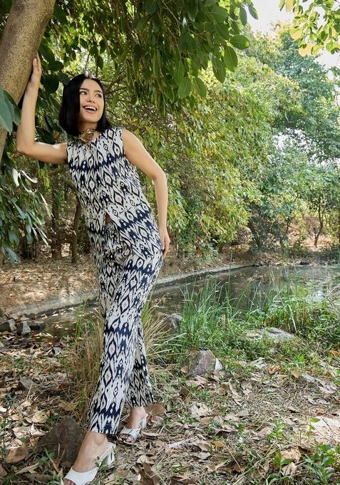 Navy Blue Embroidered Cotton Co Ord Set