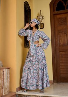 Blue Embroidered Cotton Co Ord Set