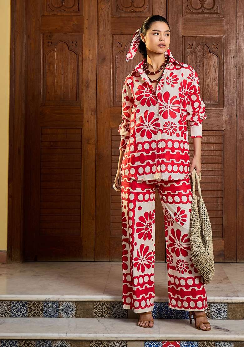 Beige Embroidered Cotton Co Ord Set - Indya
