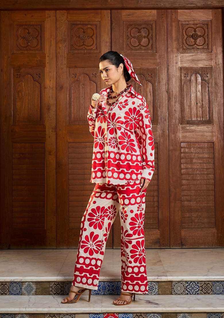 Beige Embroidered Cotton Co Ord Set - Indya