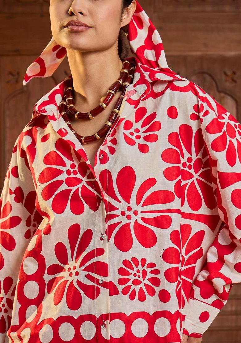 Beige Embroidered Cotton Co Ord Set