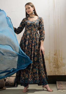 Teal Blue Embroidered Cotton Anarkali With Dupatta With Dupatta