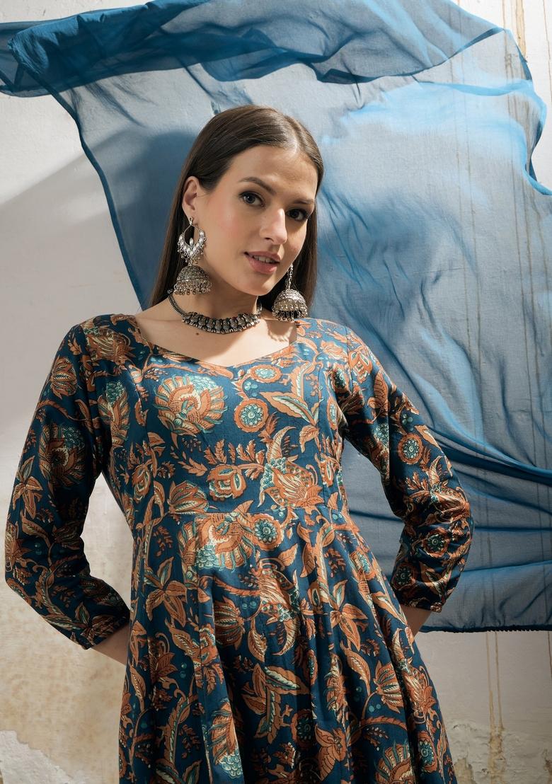 Teal Blue Embroidered Cotton Anarkali Set With Dupatta