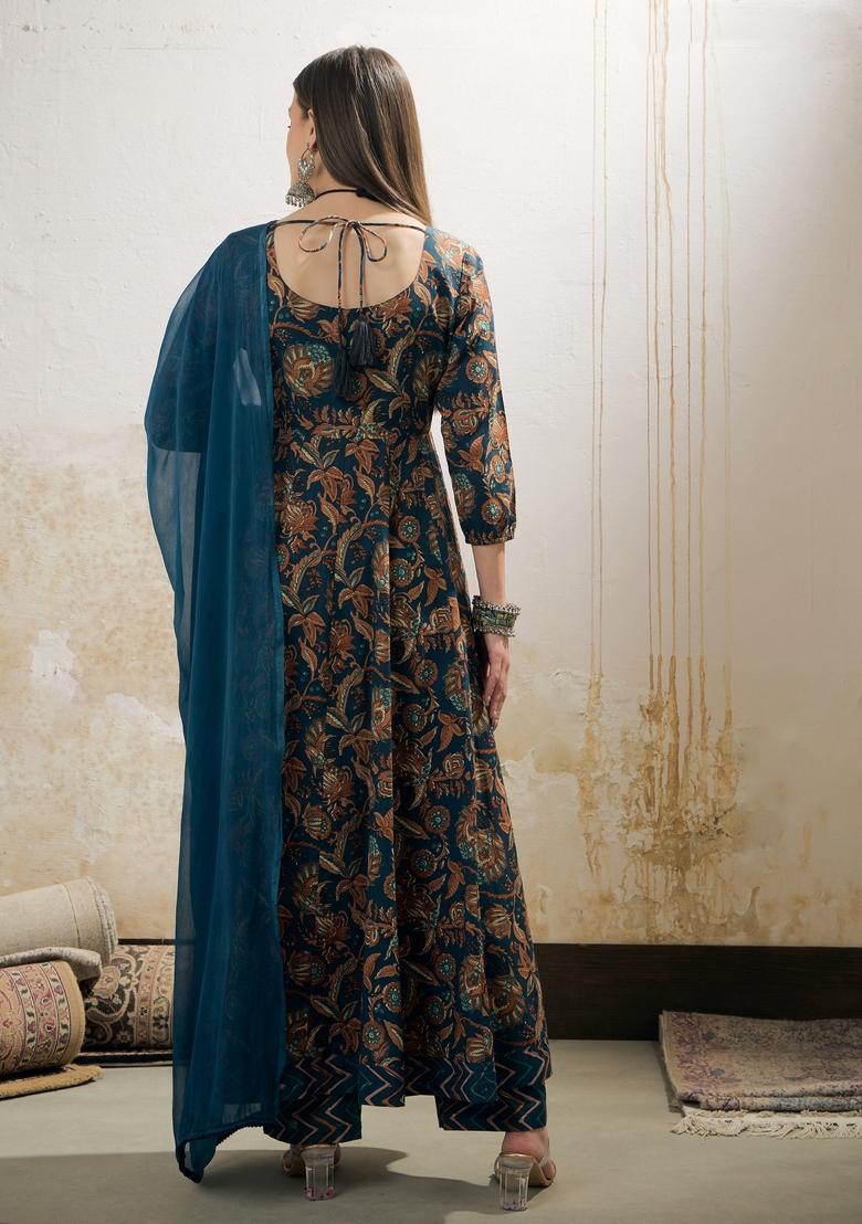 Teal Blue Embroidered Cotton Anarkali Set With Dupatta