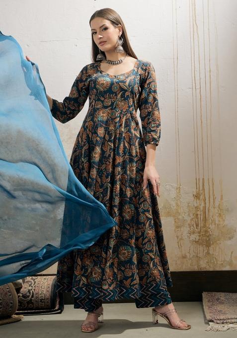 Teal Blue Embroidered Cotton Anarkali Set With Dupatta