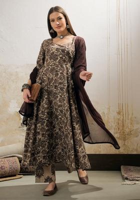 Beige Embroidered Cotton Anarkali With Dupatta With Dupatta
