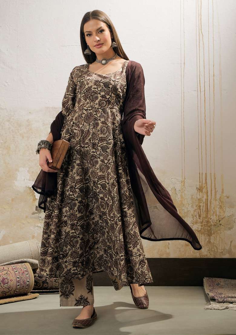 Beige Embroidered Cotton Anarkali With Dupatta With Dupatta - Indya