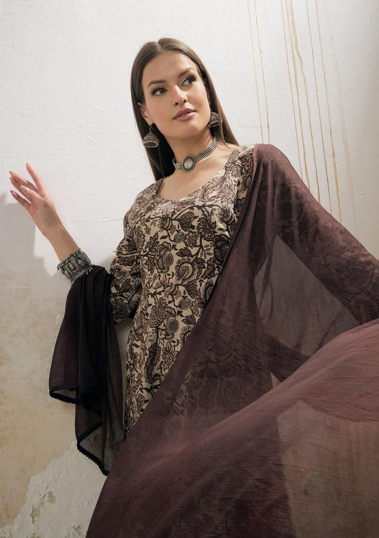 Beige Embroidered Cotton Anarkali Set With Dupatta