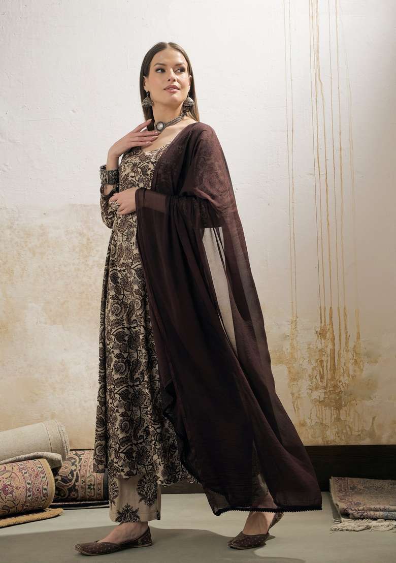 Beige Embroidered Cotton Anarkali With Dupatta With Dupatta - Indya