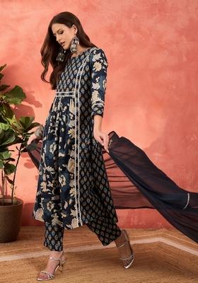 Navy Blue Embroidered Cotton Anarkali Set With Dupatta