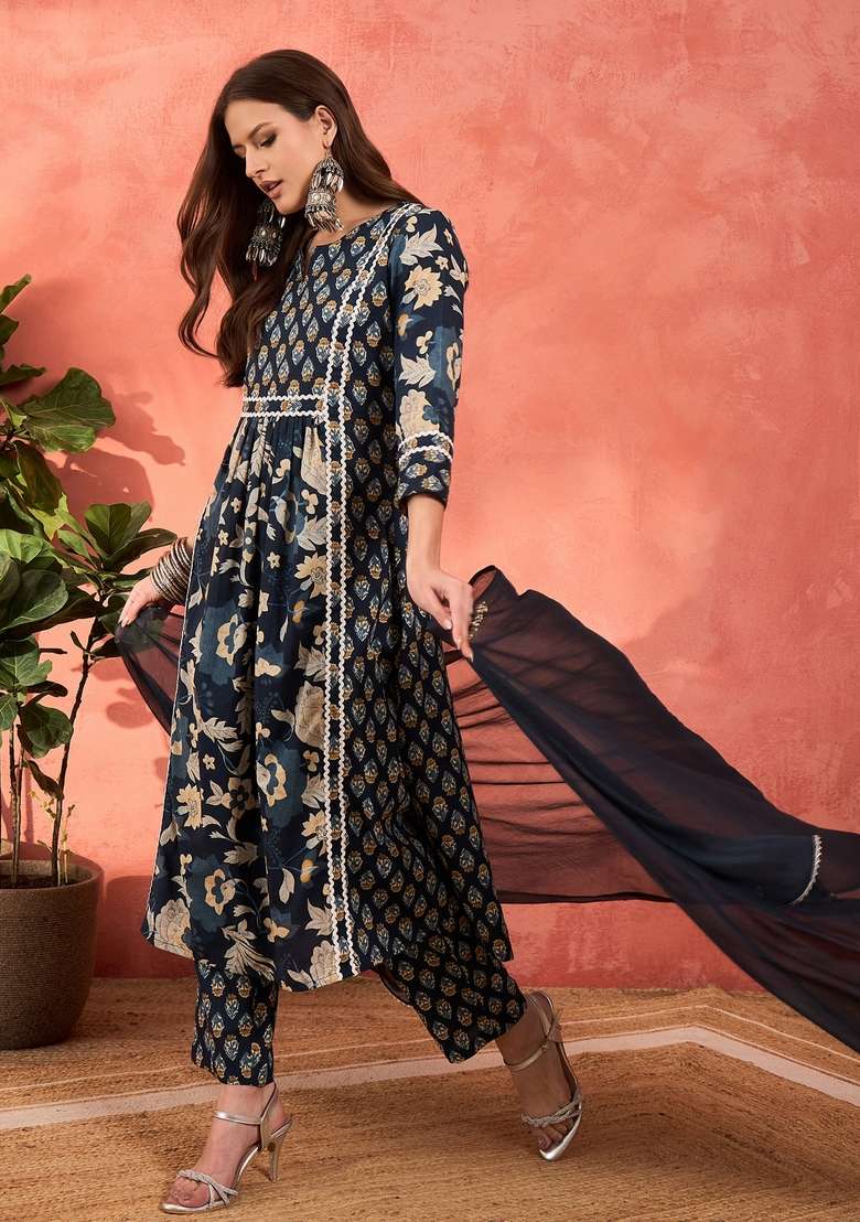 Navy Blue Embroidered Cotton Anarkali Set With Dupatta - Indya