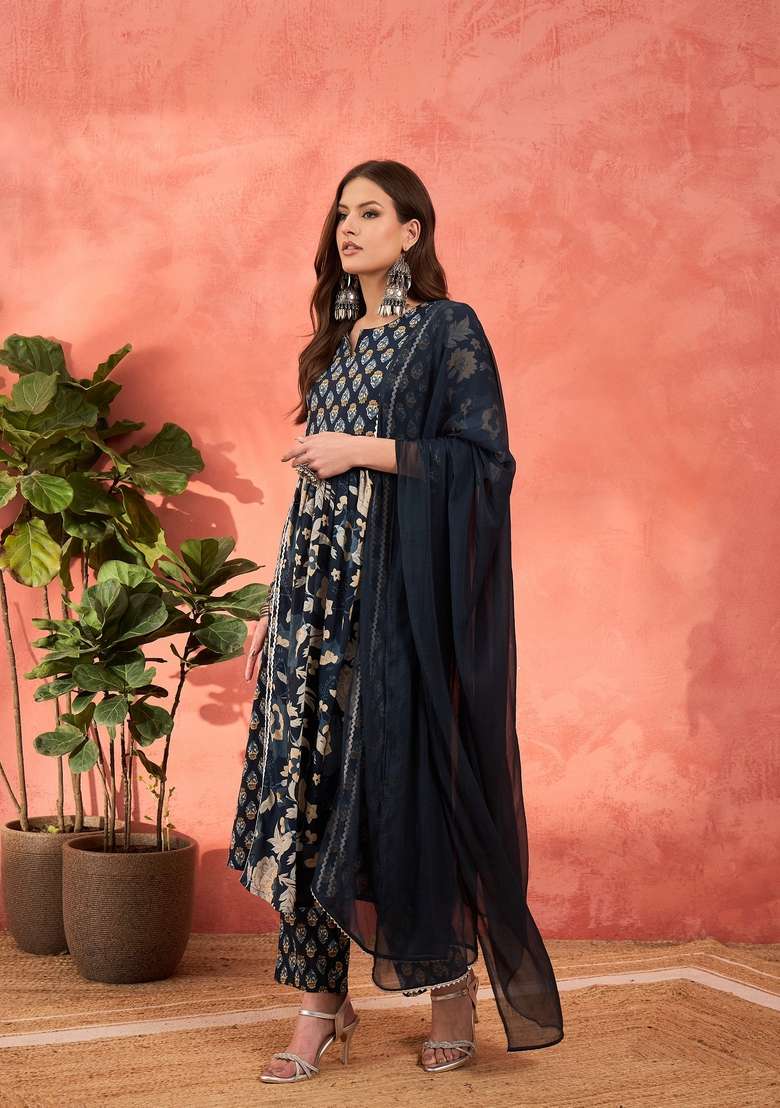 Navy Blue Embroidered Cotton Anarkali Set With Dupatta - Indya