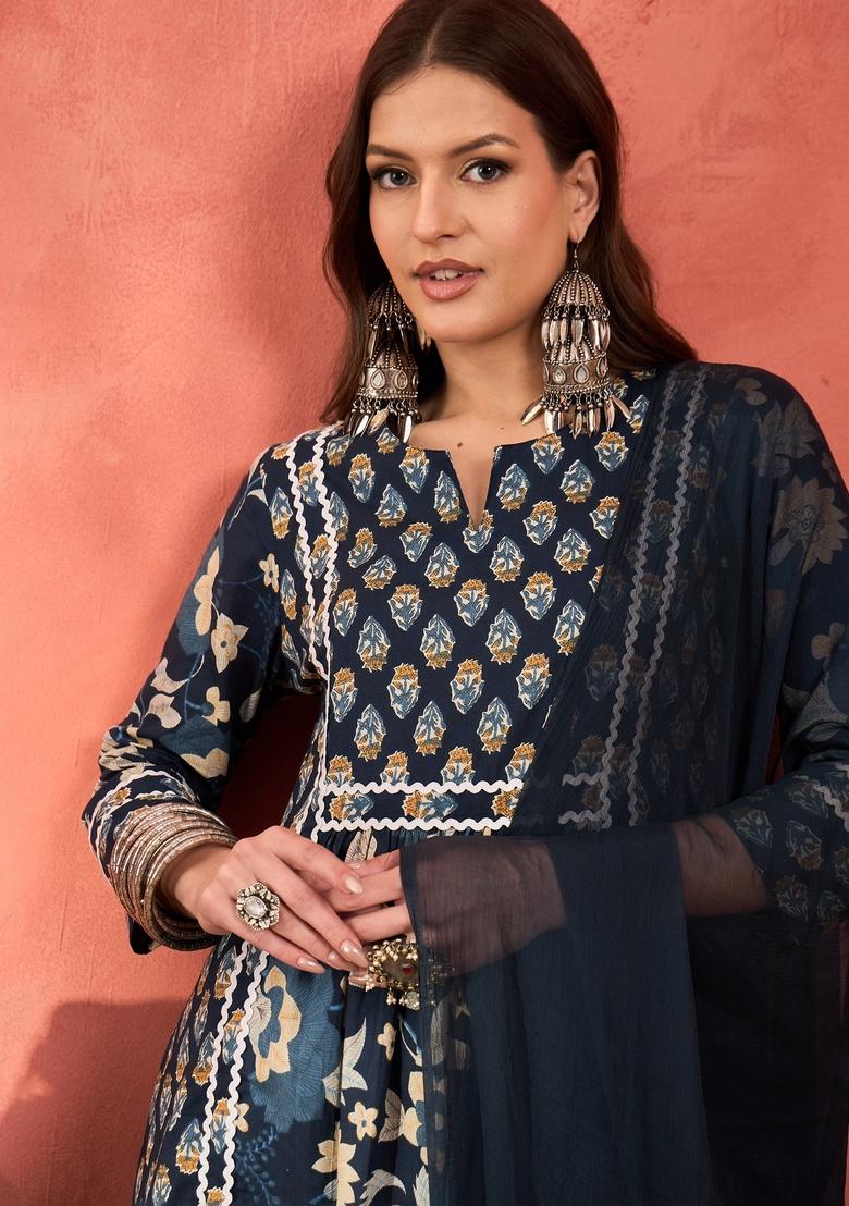 Navy Blue Embroidered Cotton Anarkali Set With Dupatta