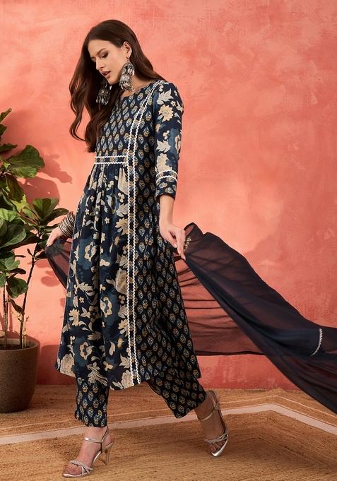 Navy Blue Embroidered Cotton Anarkali Set With Dupatta