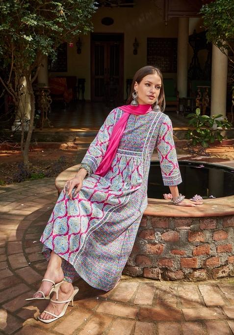 Blue Embroidered Cotton Anarkali Set With Dupatta