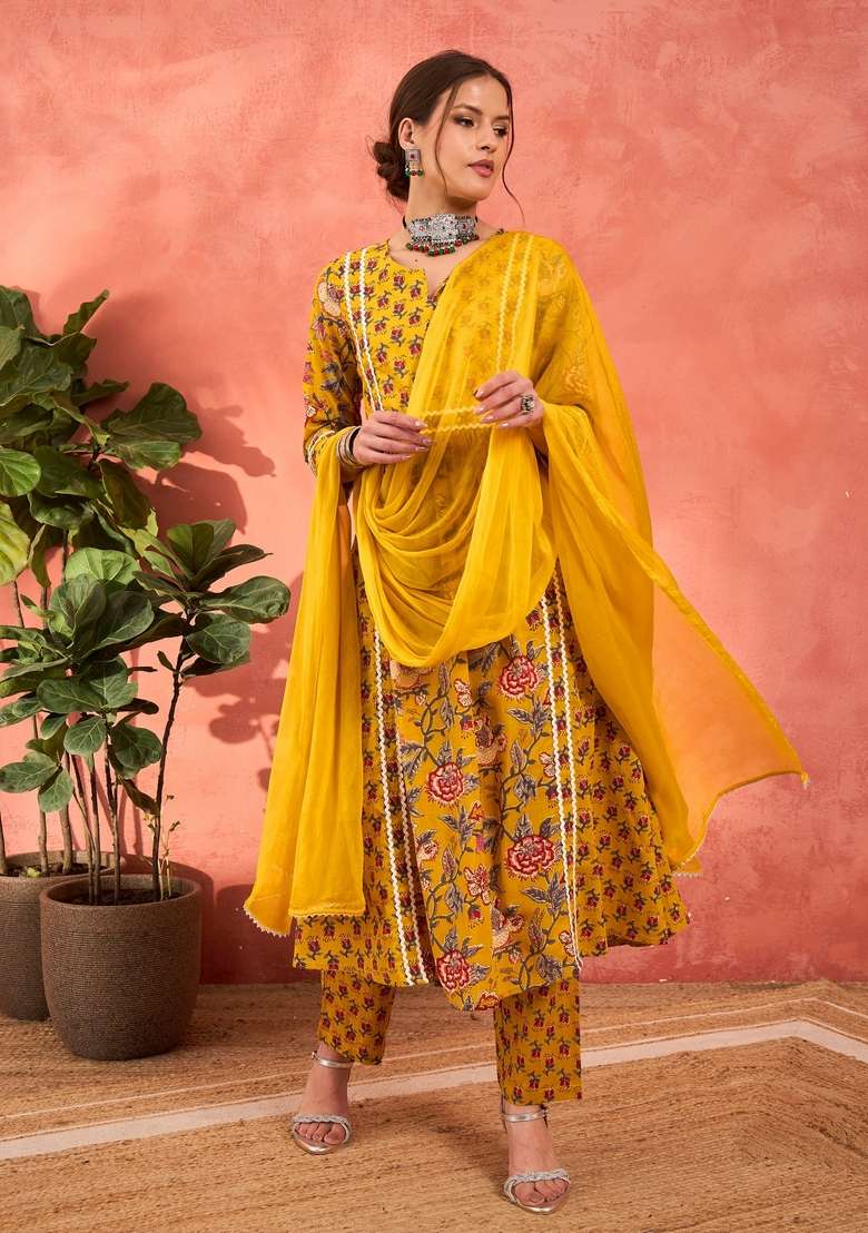 Yellow Embroidered Cotton Anarkali Set With Dupatta - Indya