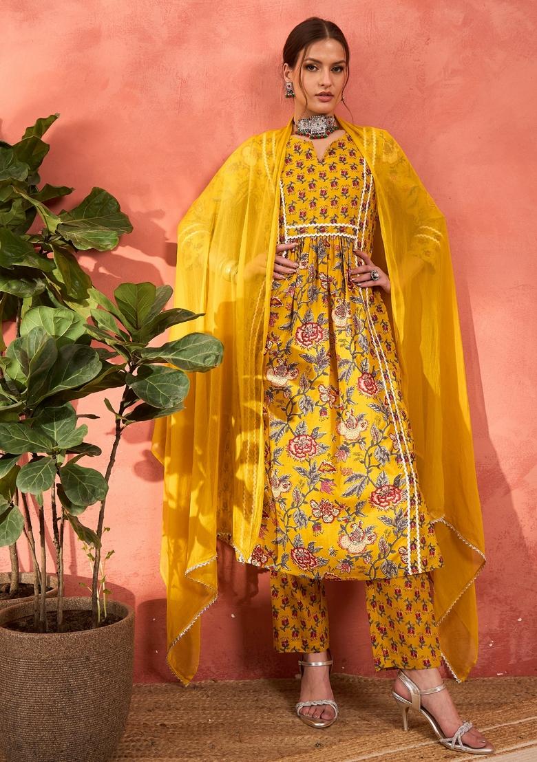 Yellow Embroidered Cotton Anarkali Set With Dupatta