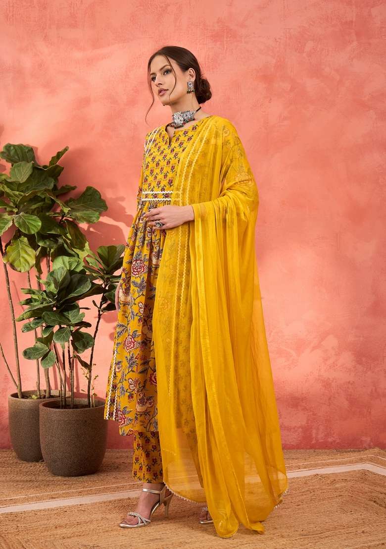 Yellow Embroidered Cotton Anarkali Set With Dupatta - Indya