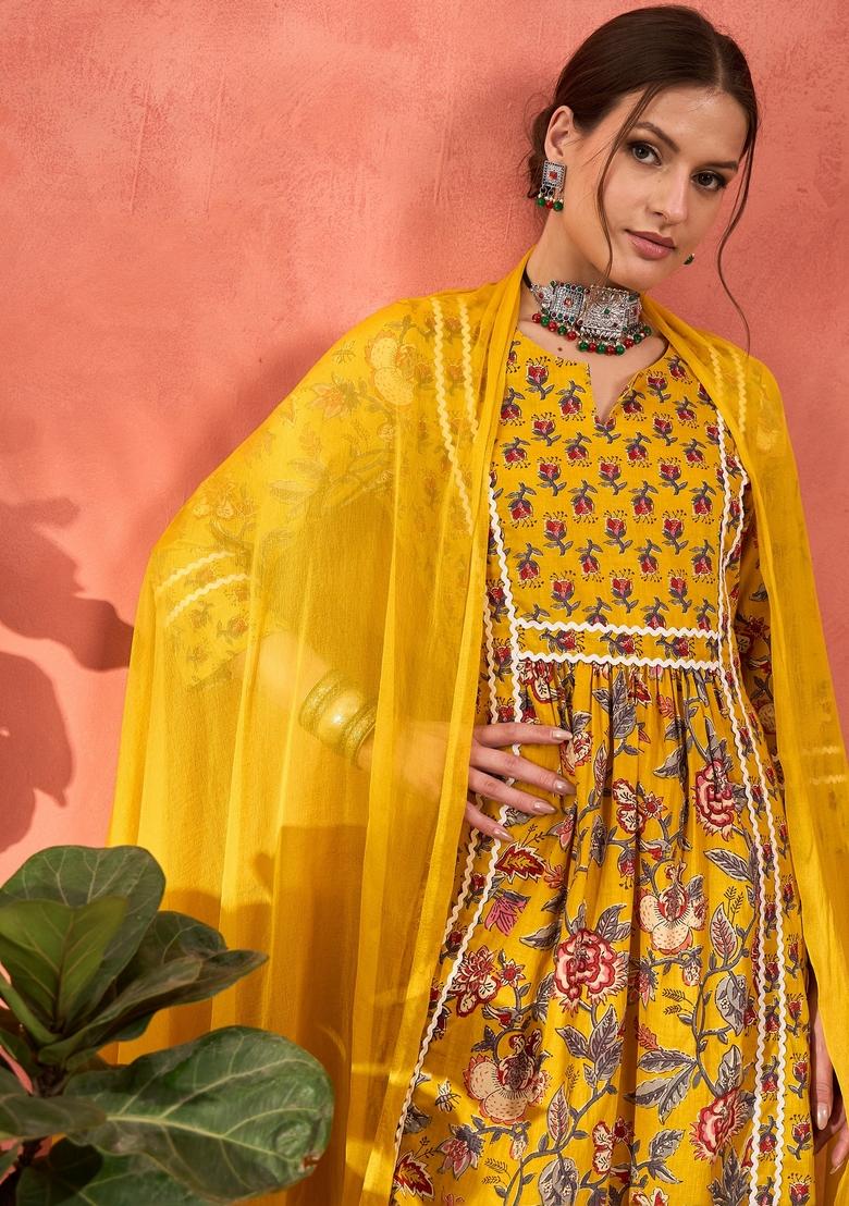 Yellow Embroidered Cotton Anarkali Set With Dupatta
