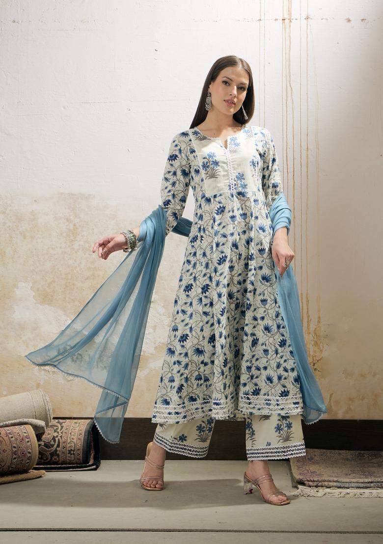 Off White Embroidered Cotton Anarkali Set With Dupatta