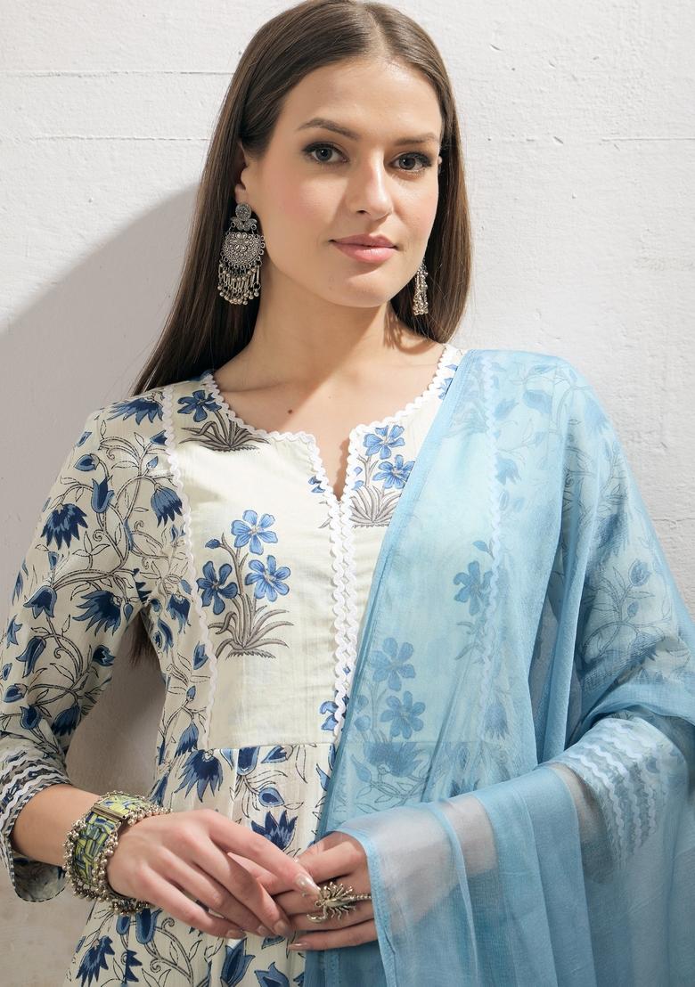 Off White Embroidered Cotton Anarkali Set With Dupatta