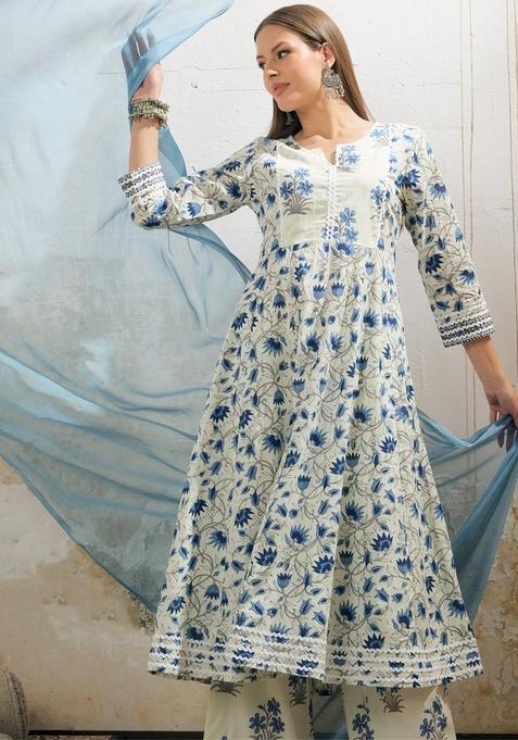 Off White Embroidered Cotton Anarkali Set With Dupatta