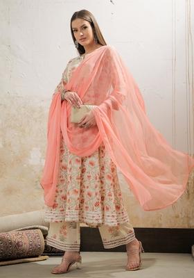 Off White Embroidered Cotton Anarkali Set With Dupatta