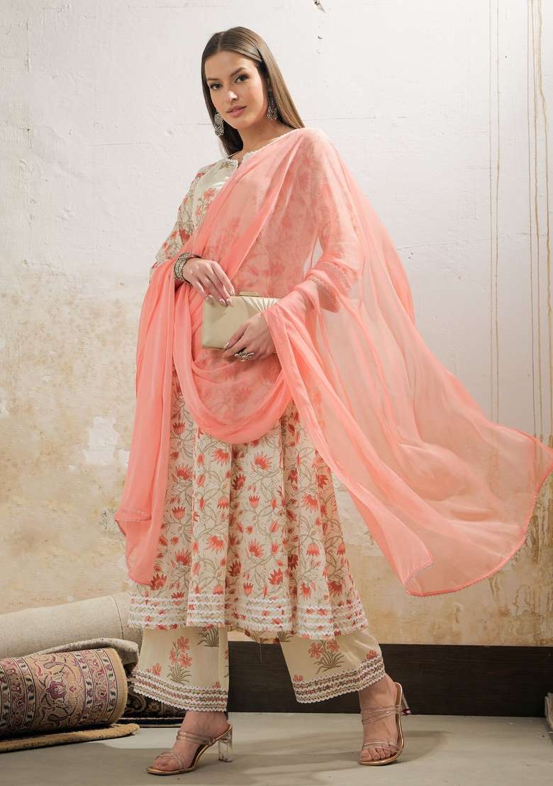 Off White Embroidered Cotton Anarkali With Dupatta With Dupatta - Indya