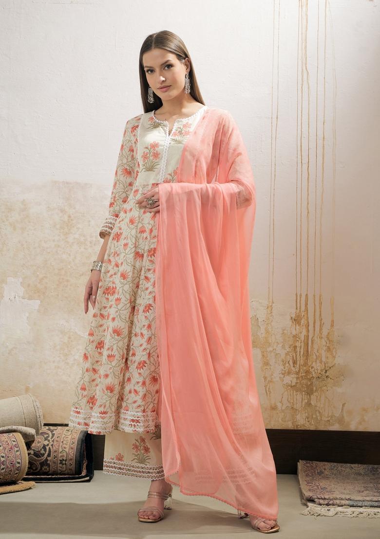 Off White Embroidered Cotton Anarkali Set With Dupatta