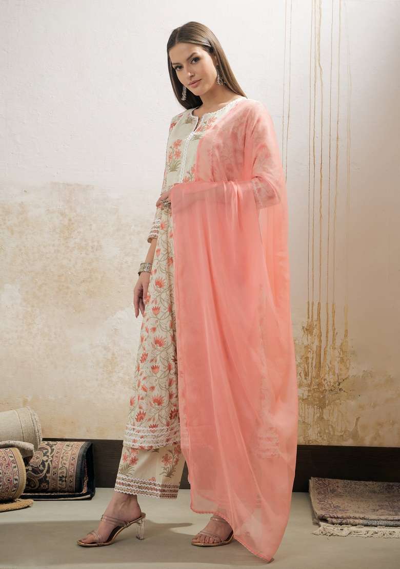 Off White Embroidered Cotton Anarkali With Dupatta With Dupatta - Indya