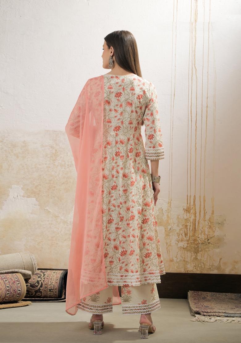 Off White Embroidered Cotton Anarkali Set With Dupatta