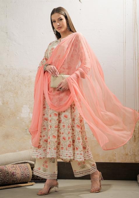 Off White Embroidered Cotton Anarkali Set With Dupatta