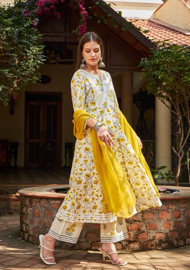 Off White Embroidered Cotton Anarkali Set With Dupatta