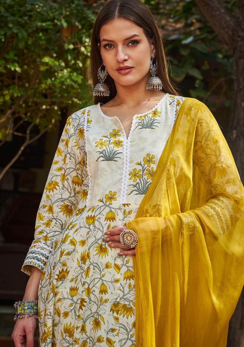 Off White Embroidered Cotton Anarkali Set With Dupatta