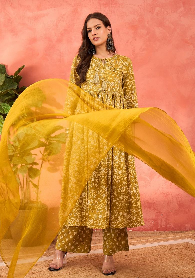 Olive Embroidered Cotton Salwar Kameez With Dupatta