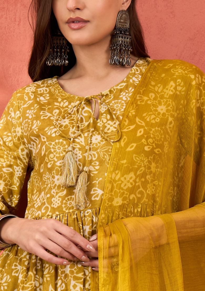 Olive Embroidered Cotton Salwar Kameez With Dupatta