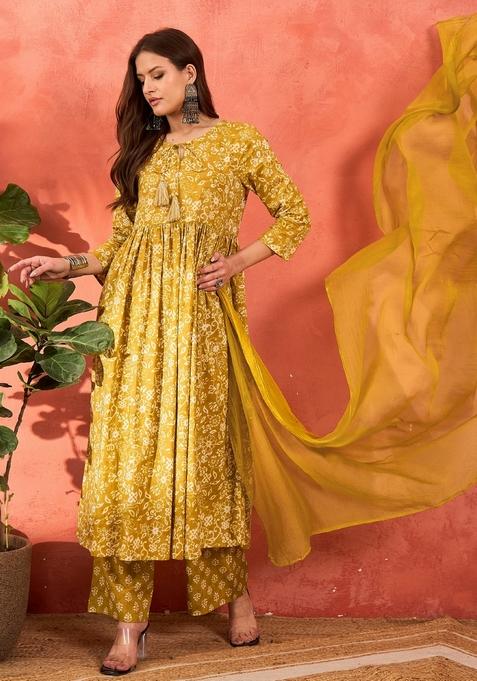 Olive Embroidered Cotton Salwar Kameez With Dupatta