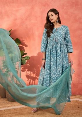 Blue Embroidered Cotton Salwar Kameez With Dupatta