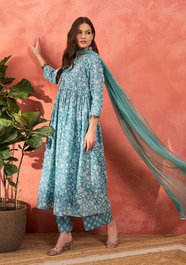 Blue Embroidered Cotton Salwar Kameez With Dupatta