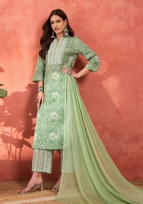 Green Embroidered Cotton Salwar Kameez With Dupatta