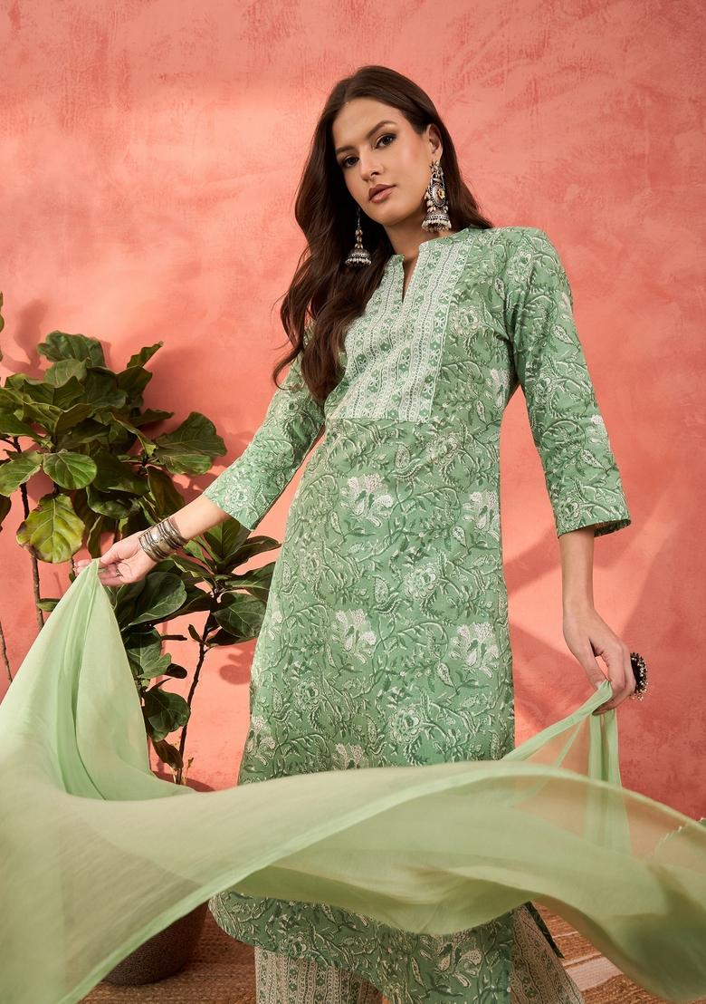 Green Embroidered Cotton Salwar Kameez With Dupatta