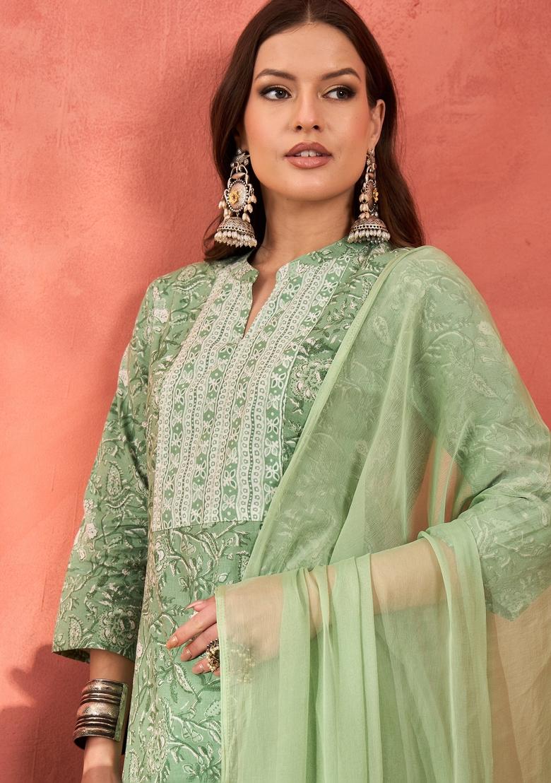 Green Embroidered Cotton Salwar Kameez With Dupatta