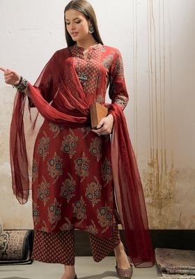 Maroon Embroidered Cotton Salwar Kameez With Dupatta