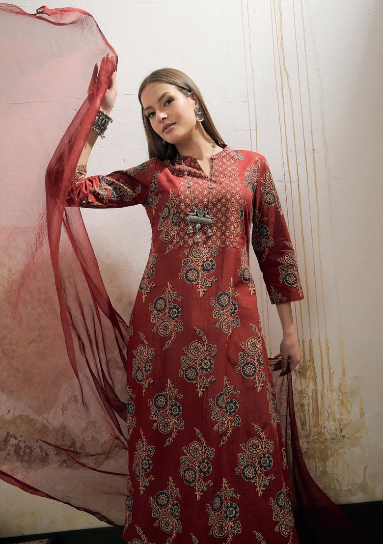 Maroon Embroidered Cotton Salwar Kameez With Dupatta