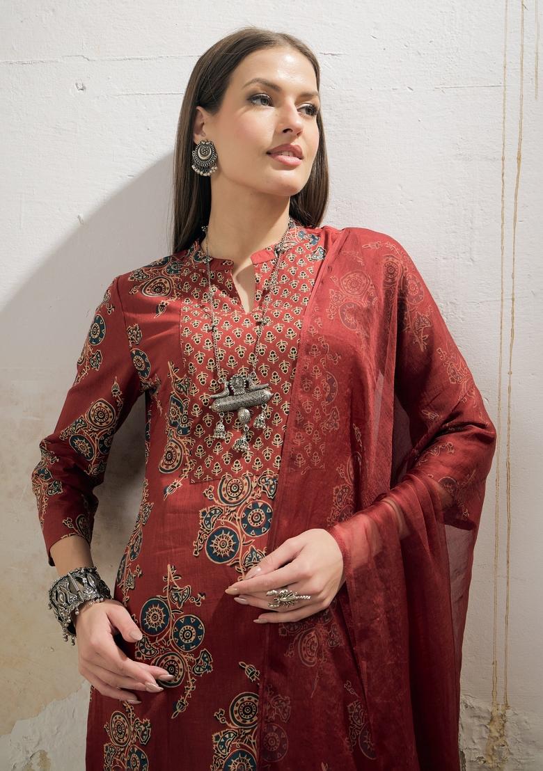 Maroon Embroidered Cotton Salwar Kameez With Dupatta