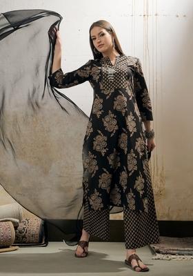 Black Embroidered Cotton Salwar Kameez With Dupatta