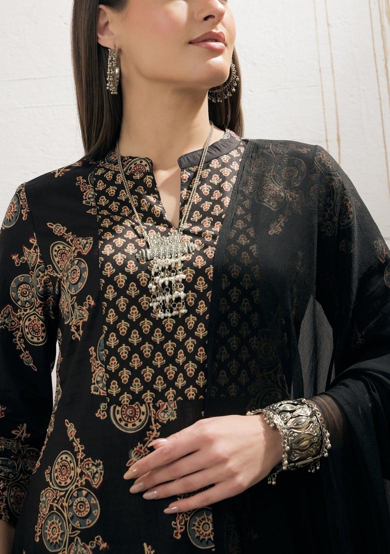 Black Embroidered Cotton Salwar Kameez With Dupatta
